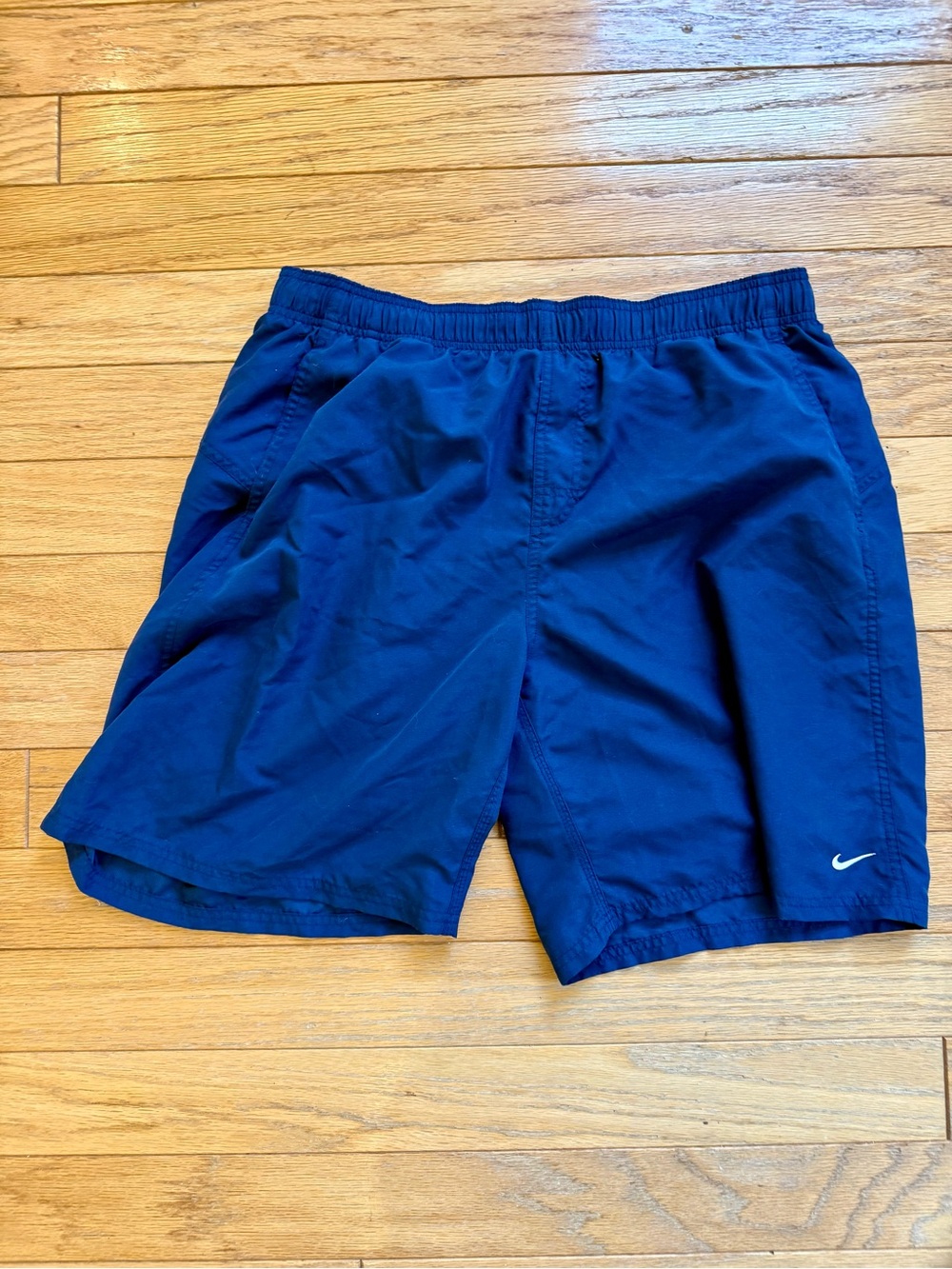 Nike Men's Navy Blue Athletic Swim Trunks with Swoosh